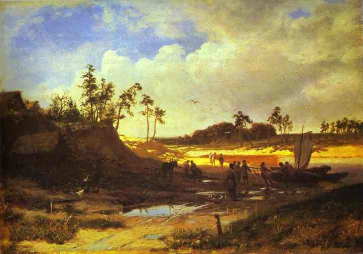 Oil painting:Peasants with a Boat on a Sandy Beach. 1868