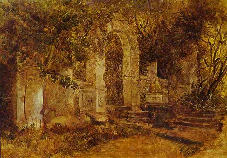 Oil painting:Ruins in Park. Oil on cardboard. The Russian Museum, St. Petersburg, Russia.