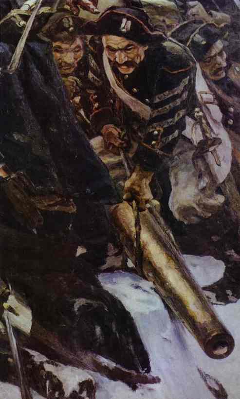 Oil painting:Russian Troops under Suvorov Crossing the Alps. Detail. 1899