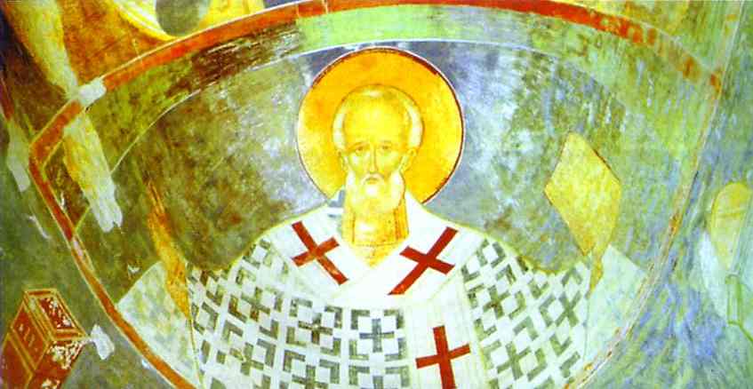 Oil painting:St. Nicolas. Mural in the Church of Nativity of the Virgin in the Pherapontov