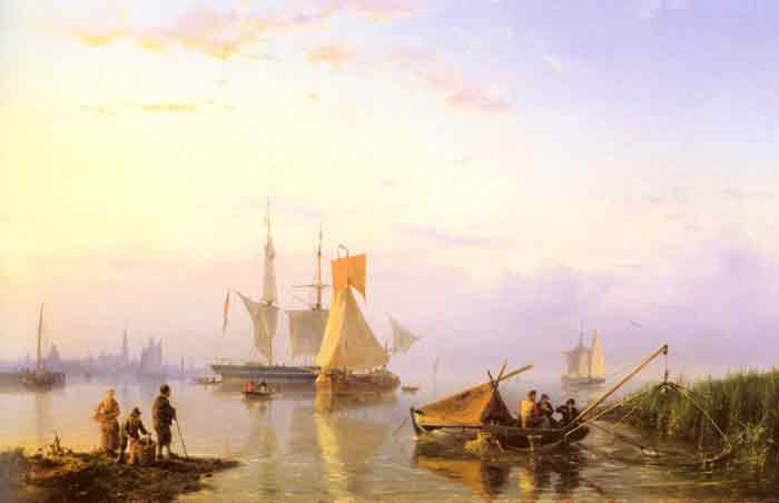 Oil painting for sale:Shipping in a Calm, Amsterdam, 1856