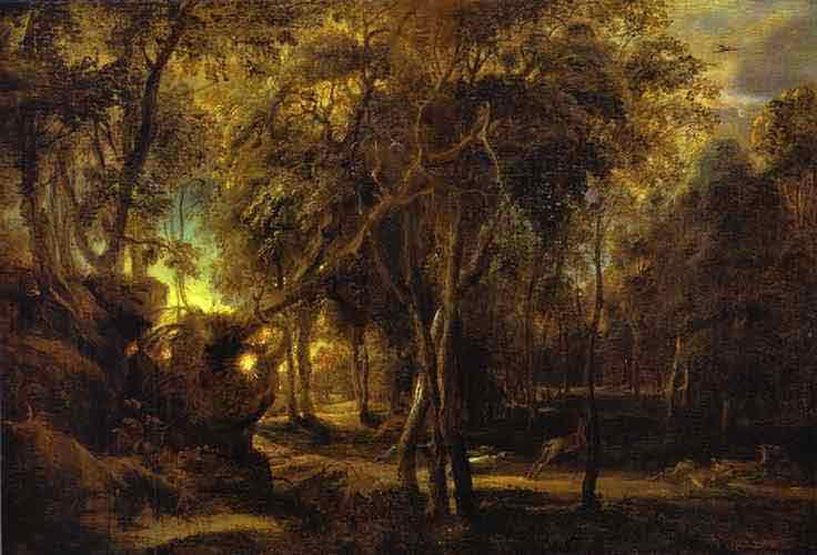 A Forest at Dawn with a Deer Hunt. c.1635