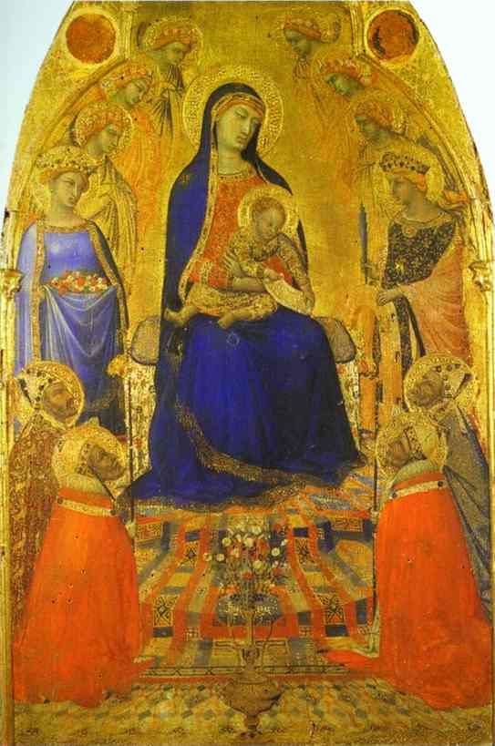 Oil painting:Madonna and Child Enthroned, with Angels and Saints. c. 1340