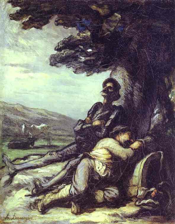 Oil painting:Don Quixote and Sancho Pansa Having a Rest under a Tree. c. 1855