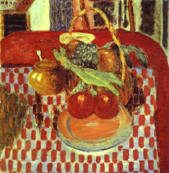 Oil painting:Basket and Plate of Fruit on a Red-Checkered Tablecloth. c. 1939