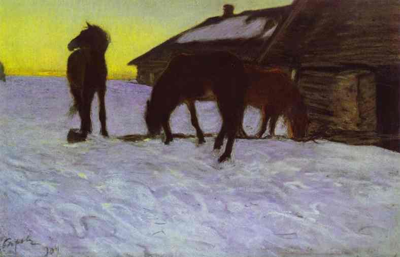Oil painting:Colts at Watering-Place. Domotcanovo. 1904