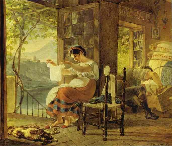 Oil painting:Italian Woman Heavy with a Child Examining a Shirt and Her Husband Making a Cradle.
