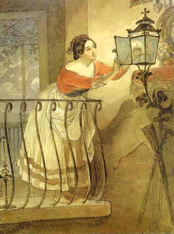 Oil painting:Italian Woman Lightning a Lamp in front of the Image of Madonna. 1835