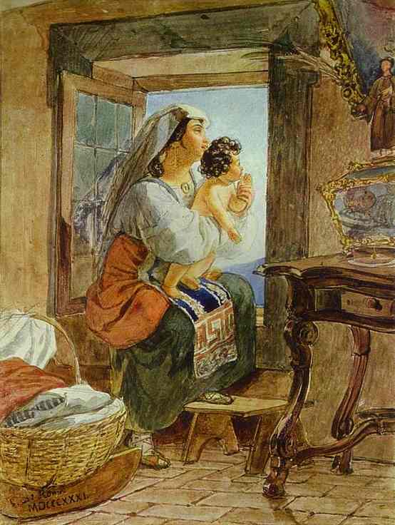 Oil painting:Italian Woman with a Child by a Window. 1831
