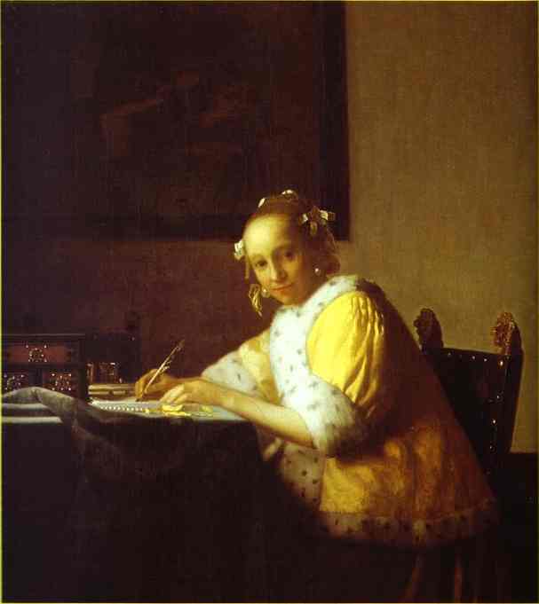 Oil painting:Lady Writing a Letter. c.1665