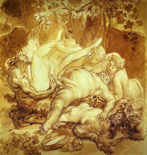 Oil painting:Silen, Satyr and Bacchanals. 1830s
