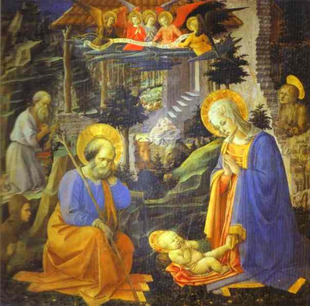 Oil painting:The Adoration with St. Joseph, St. Jerome, Mary Magdalene and St. Ilarion. 1453