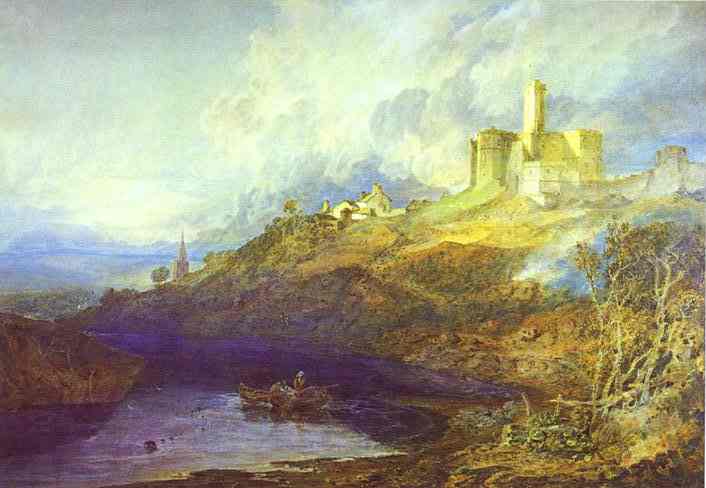 Oil painting:Warkworth Castle, Northumberland - Thunder Storm Approaching at Sun-Set. 1799