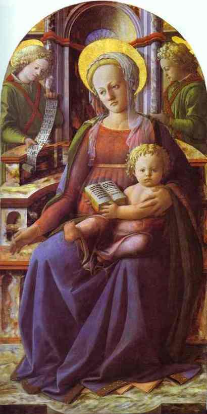 Oil painting:Madonna and Child Enthroned with Two Angels. c.1437