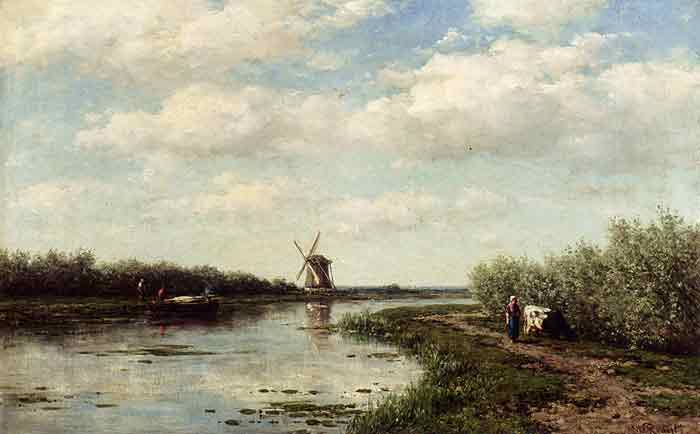 Oil painting for sale:Figures On A Country Road Along A Waterway, A Windmill In The Distance