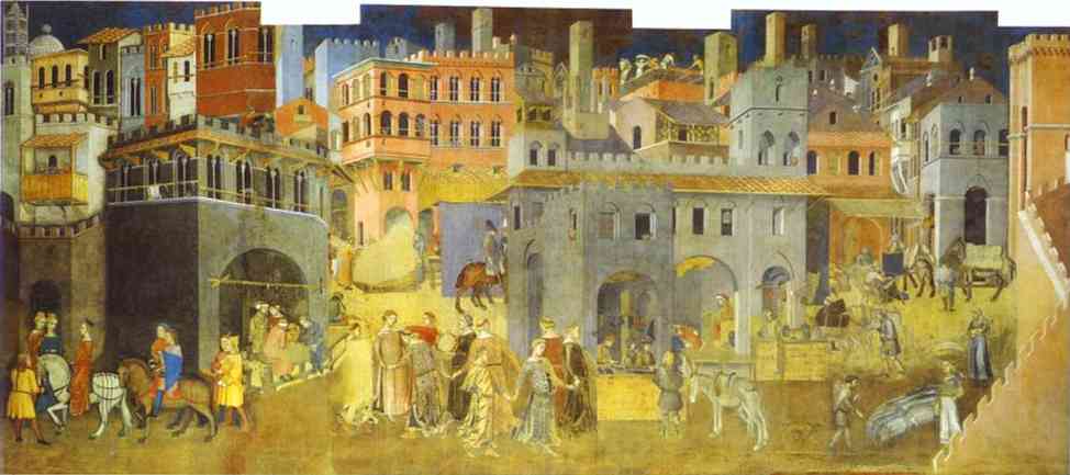 Oil painting:Allegory of Good Government: Effects of Good Government in the City. 1338