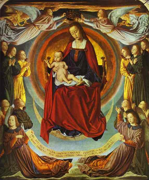 Oil painting:The Virgin in Glory, Surrounded by Angels. c.1489-1499