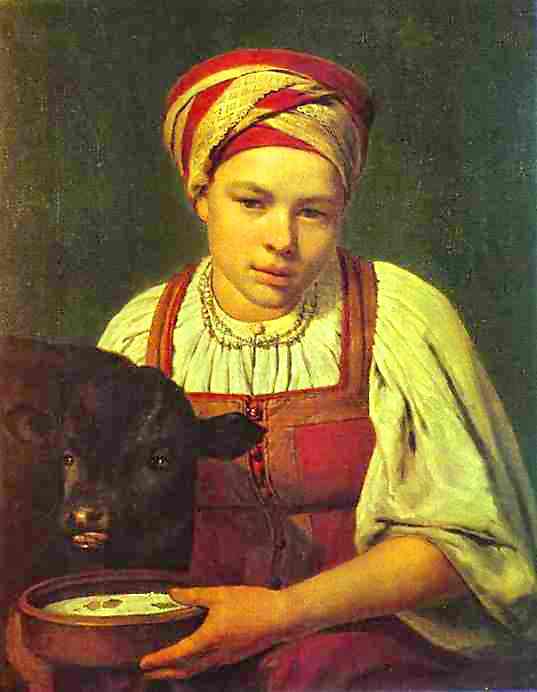 Oil painting:A Peasant Girl with a Calf. 1820