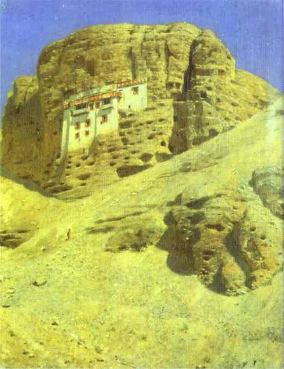 Oil painting:Monastery in a Rock. Ladakh. 1875