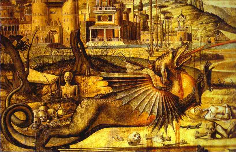 Oil painting:St. George and the Dragon. Detail. 1504