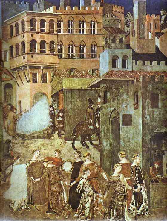 Oil painting:Allegory of Good Government: Effects of Good Government in the City. Detail. 1338