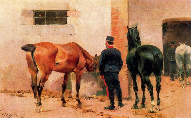 Artilleryman Looking after Horses