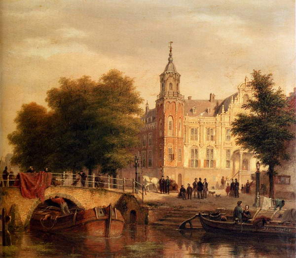 A Sunlit Town View, Figures Gathered on a Square