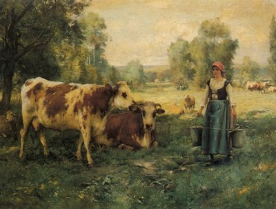 A Milk Maid with Cows and Sheep