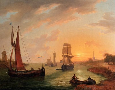 An Estuary With Various Shipping At Sunset