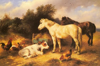 Ponies, A Calf And Poultry In A Farmyard