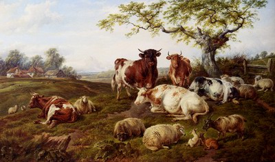 Resting Cattle, Sheep And Deer, A Farm Beyond