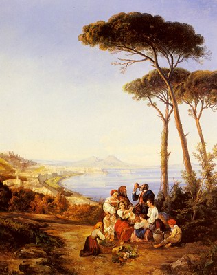 A Group Of Peasants With The Bay Naples Beyond