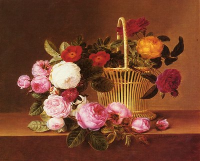 A basket of roses on a ledge