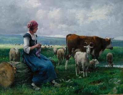 Shepherdess with Goat, Sheep and Cow
