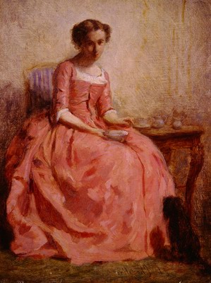 girl in a pink dress reading, with a dog