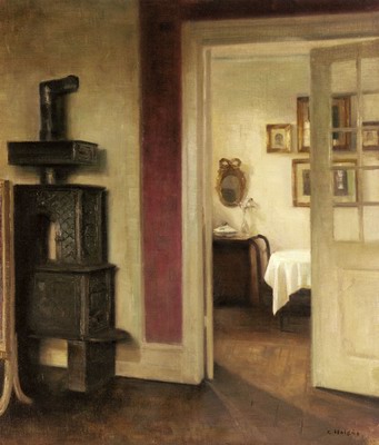 An Interior With A Stove and a view into a dining room