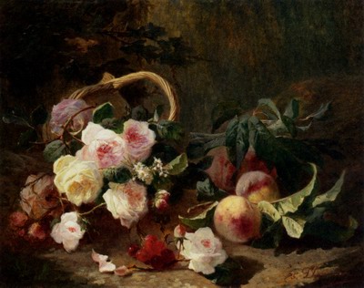 Basket Of Roses And Fruits