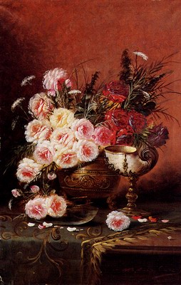 Still Life Of Roses And A Nautilus Cup On A Draped Table