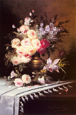 Still Life With Assorted Flowers In A Brass Vase