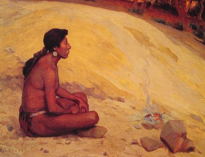 Indian Seated by a Campfire