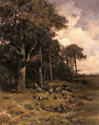 Shepherdess Resting With Her Flock
