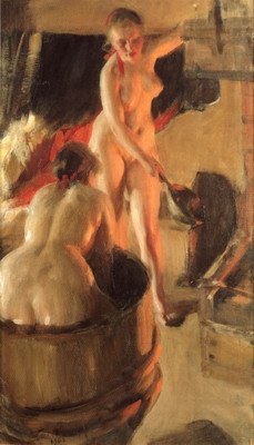 Women bathing in the sauna, badande kullor i bastun