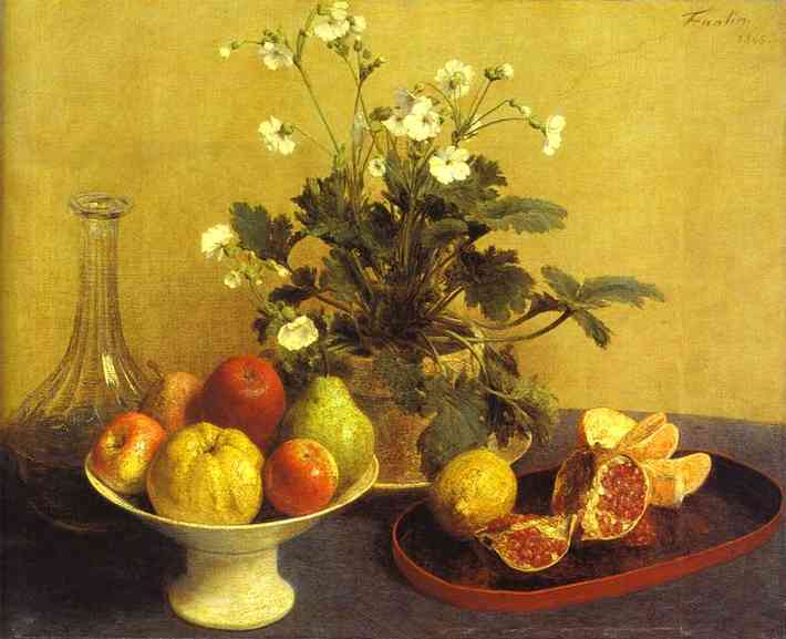 Still-life. Flowers, Bowl of Fruit and Pitcher. (Nature morte. Fleurs, compotier et carafe). 1865