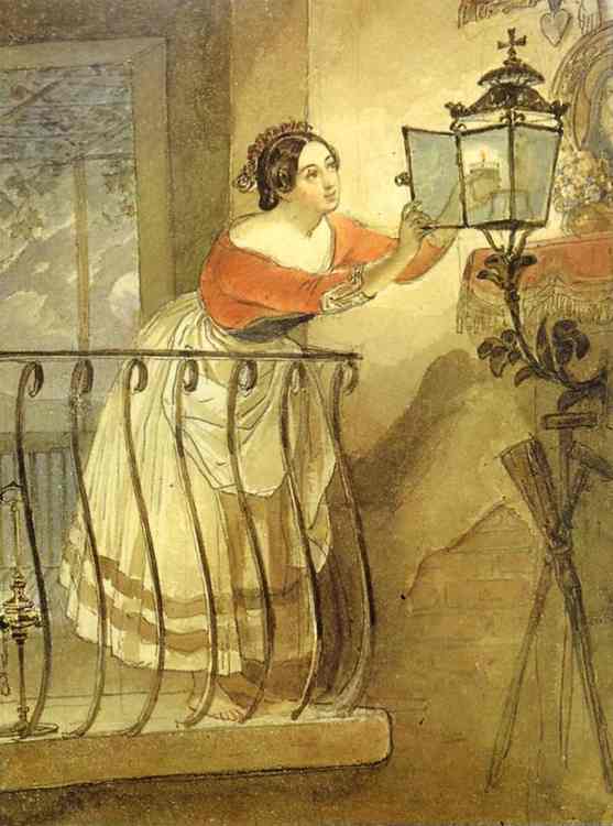 Italian Woman Lightning a Lamp in front of the Image of Madonna. 1835