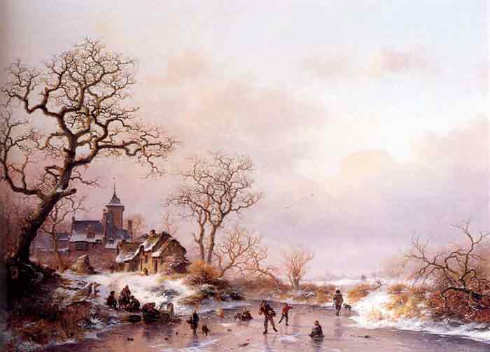 Winter: Townsfolk skating on a frozen waterway near a Fortified mansion at Dusk , 1867