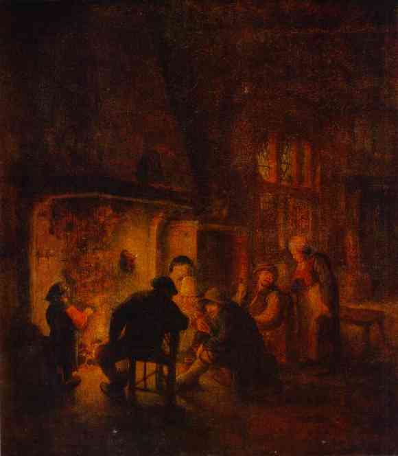 Oil painting:A Talk at Fireplace. c. 1640