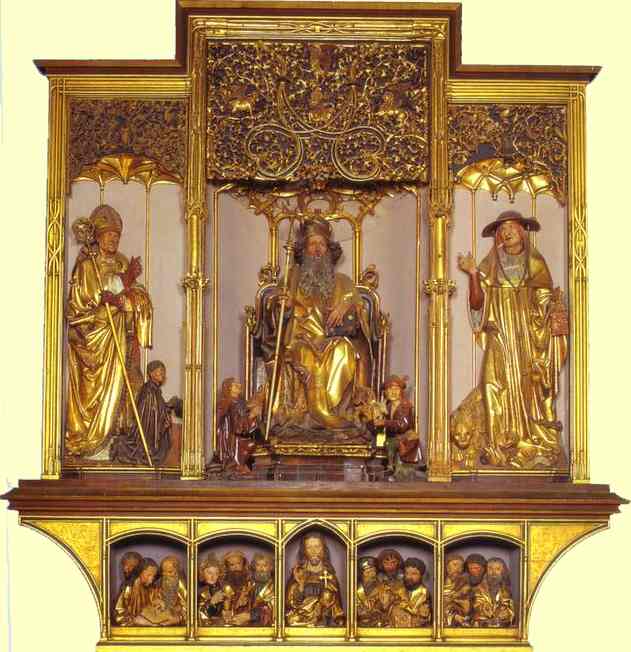 Oil painting:Central part: wooden carved figures of St. August, St. Anthony, St. Jerome; bottom part