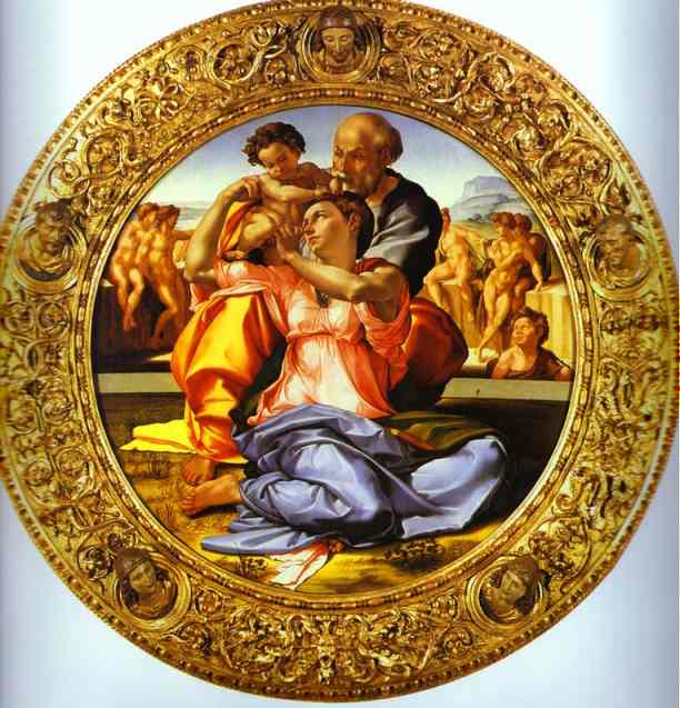 Oil painting:Doni Tondo - The Holy Family with St. John the Baptist. c.1504-1506