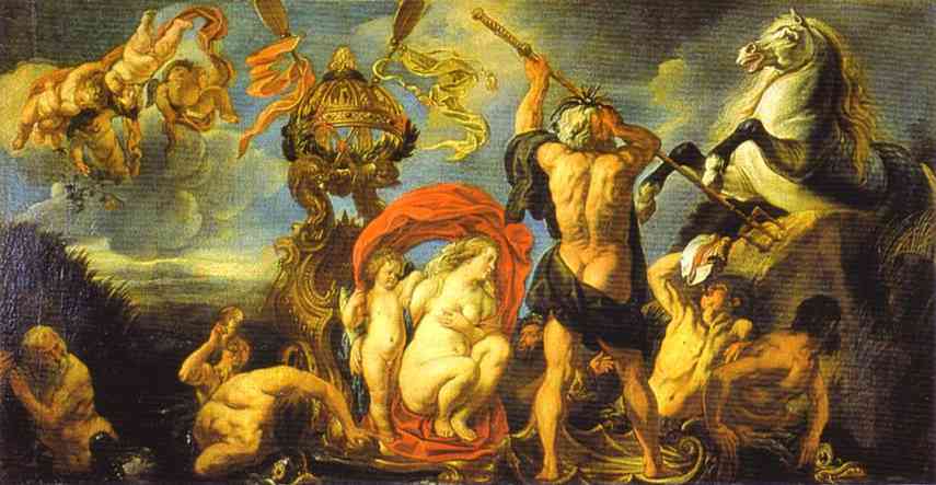 Oil painting:Neptune Creates the Horse. c. 1640