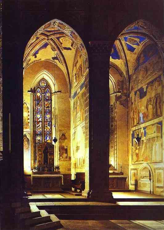 Oil painting:Peruzzi and Bardi Chapels. Church of Santa Croce, Florence, Italy.